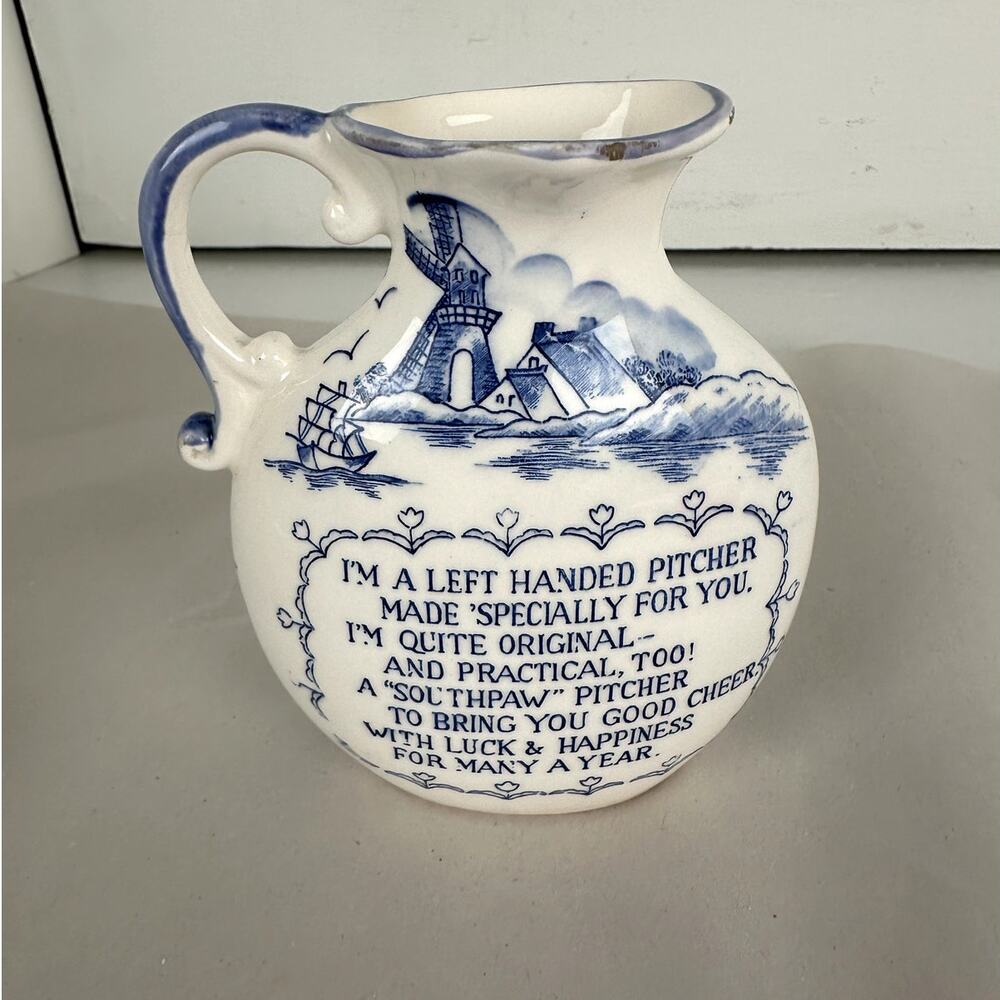 Pitcher Dutch Ceramic Left Handed Poem Blue Trim Lettering 5 Ins. Tall